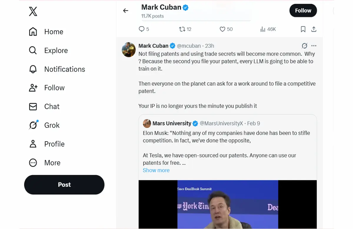 Mark Cuban, Mark Cuban Viral tweet, Mark Cuban on Patent Filing, Mark Cuban on AI